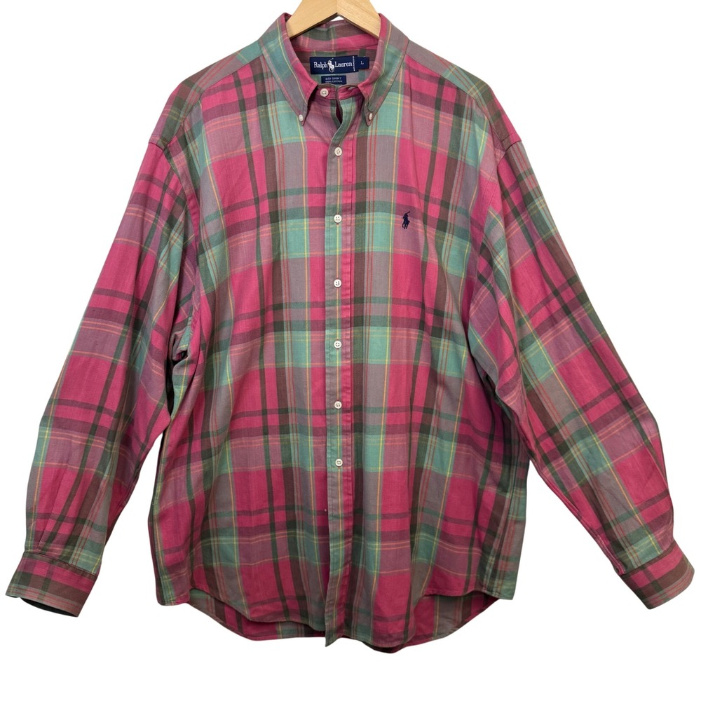 Ralph Lauren Men Big Shirt Large Plaid Button Down Long Sleeve Cotton Pink Green